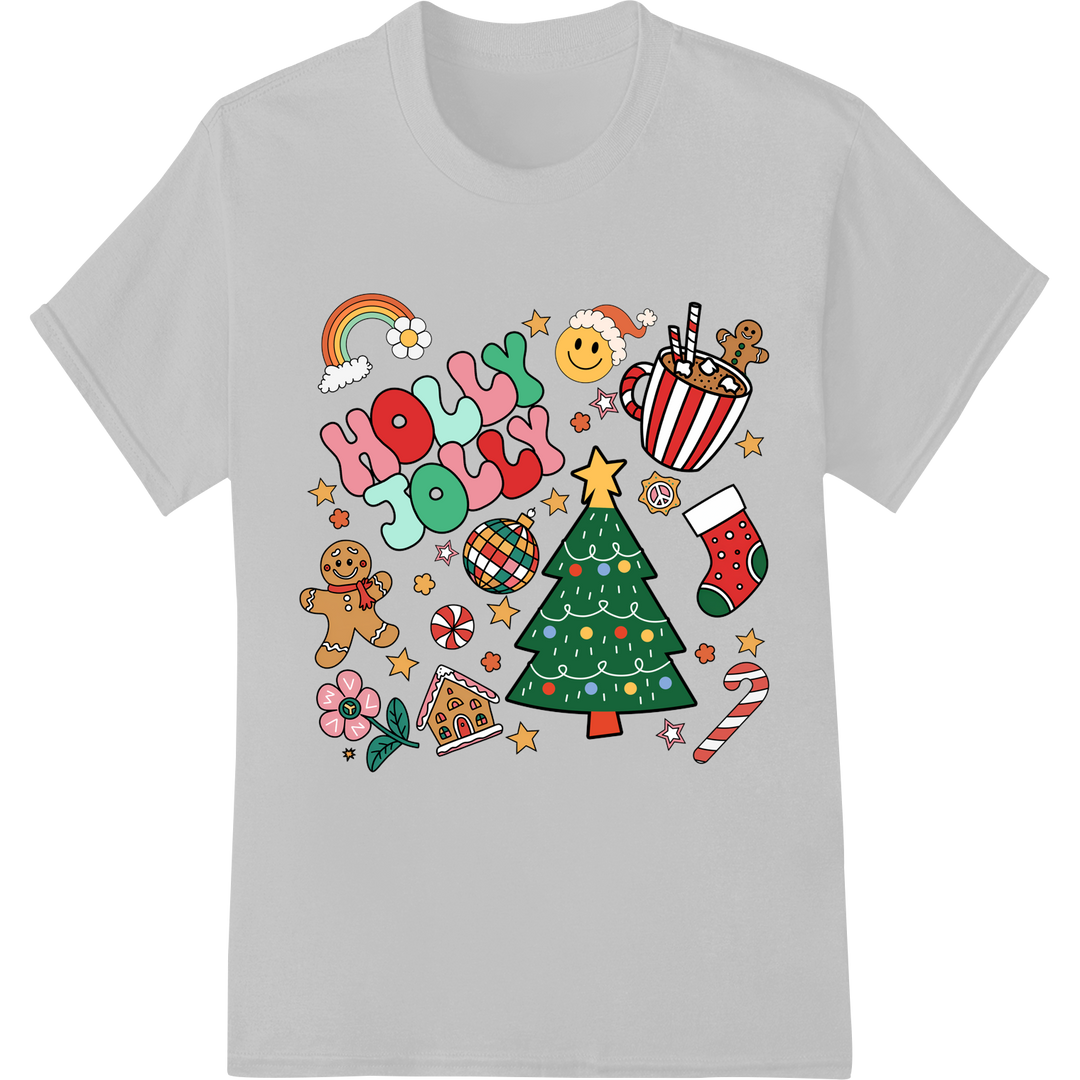 Festive Holly Jolly Christmas DTF Print Heat Transfer Design on white shirt - SUPERDTF-DTF Prints-DTF Transfers-Custom DTF Prints