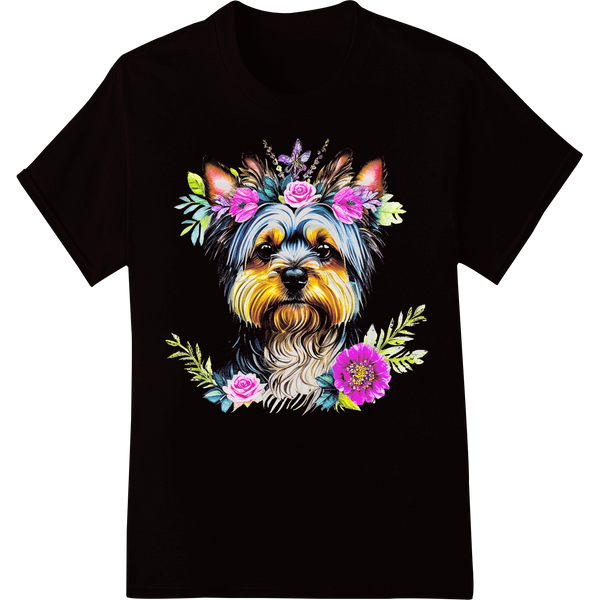 Vibrant Floral Yorkshire Terrier Dog Heat Transfer Design on black shirt - SUPERDTF-DTF Prints-DTF Transfers-Custom DTF Prints