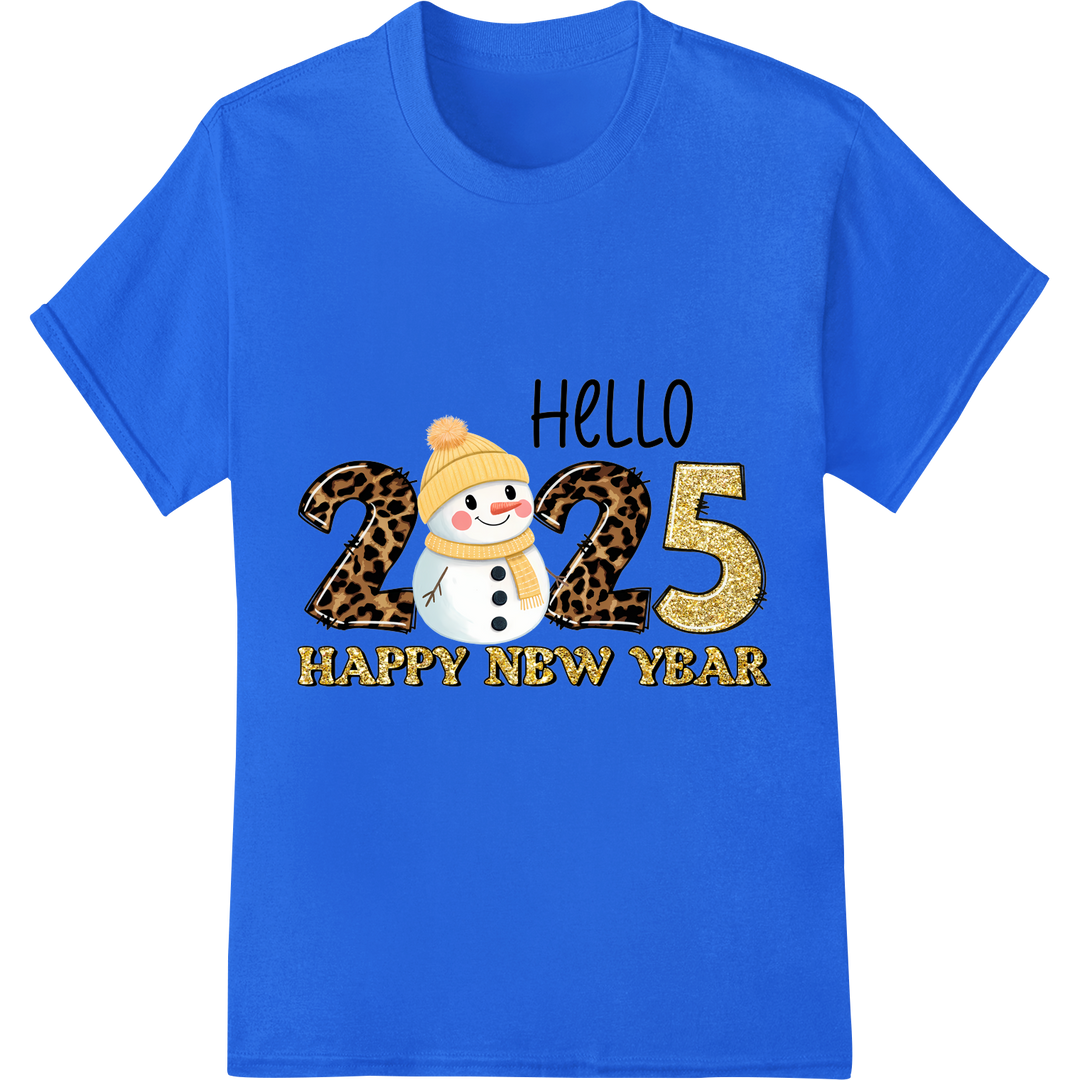 Adorable Snowman Says Hello to 2025 in Leopard Print on blue shirt - SUPERDTF-DTF Prints-DTF Transfers-Custom DTF Prints