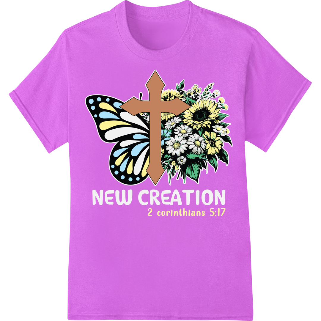 Vibrant Easter Cross with Floral Butterfly DTF Print Transfer on purple shirt - SUPERDTF-DTF Prints-DTF Transfers-Custom DTF Prints