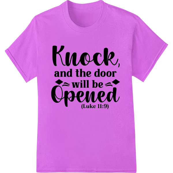 Knock and the Door Will Open - Inspiring Christian DTF Print on purple shirt - SUPERDTF-DTF Prints-DTF Transfers-Custom DTF Prints