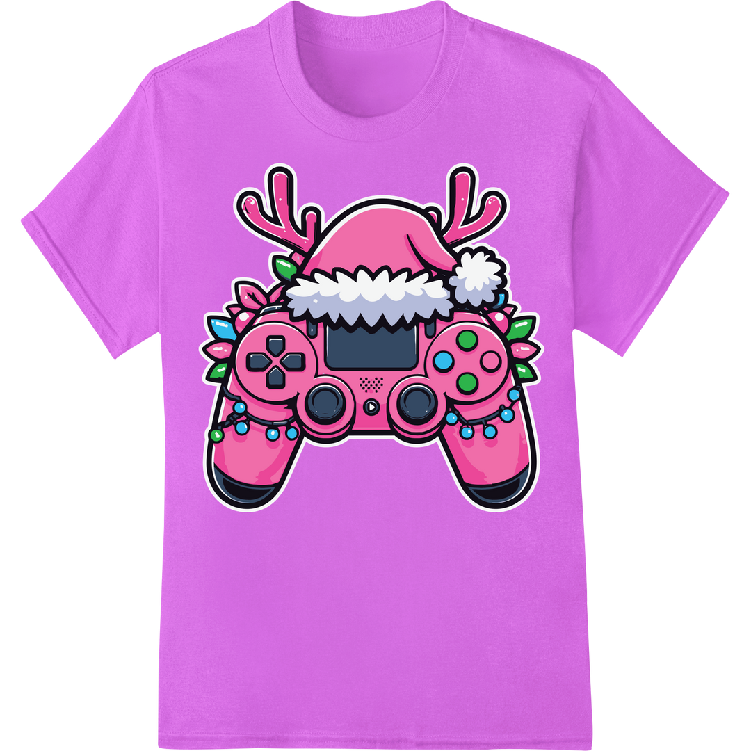 Festive Pink Gamer Reindeer Christmas DTF Print Transfer on purple shirt - SUPERDTF-DTF Prints-DTF Transfers-Custom DTF Prints