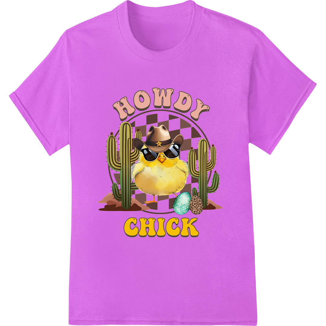 Adorable 'Howdy Chick' Easter Heat Transfer Design on purple shirt - SUPERDTF-DTF Prints-DTF Transfers-Custom DTF Prints