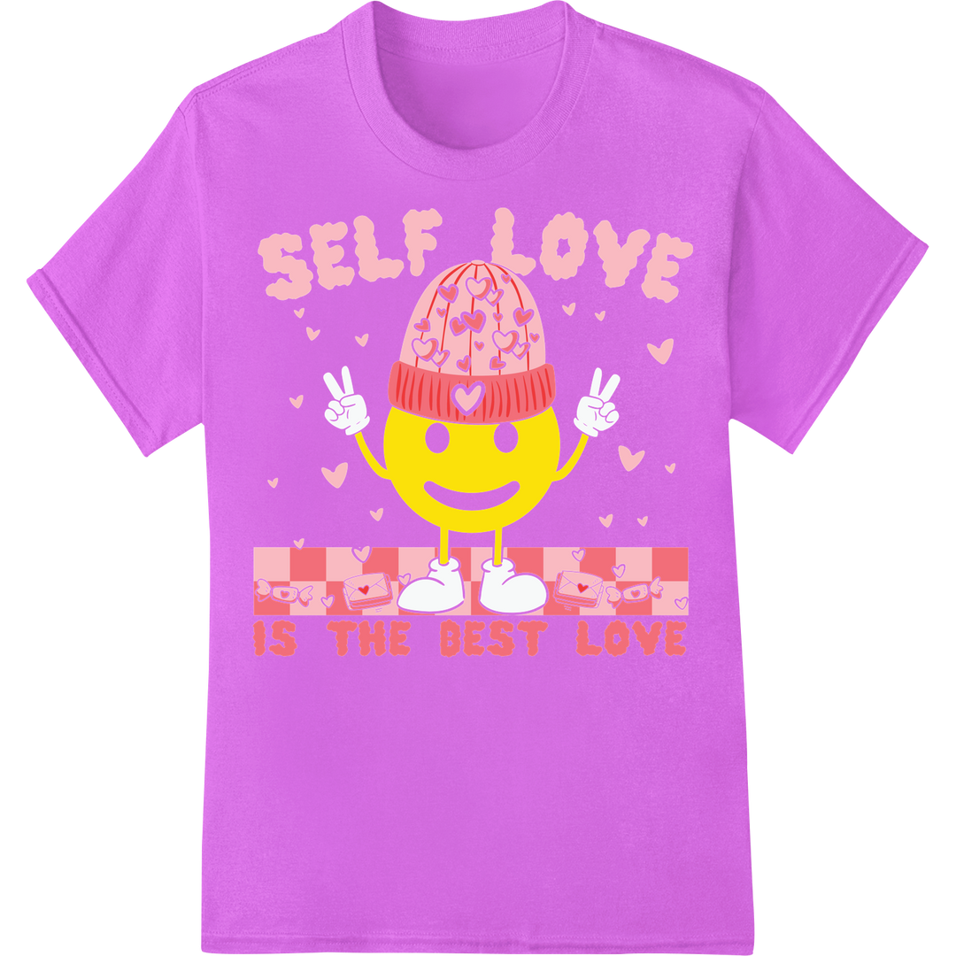 Adorable 'Self Love is the Best Love' Valentine's Day DTF Print on purple shirt - SUPERDTF-DTF Prints-DTF Transfers-Custom DTF Prints