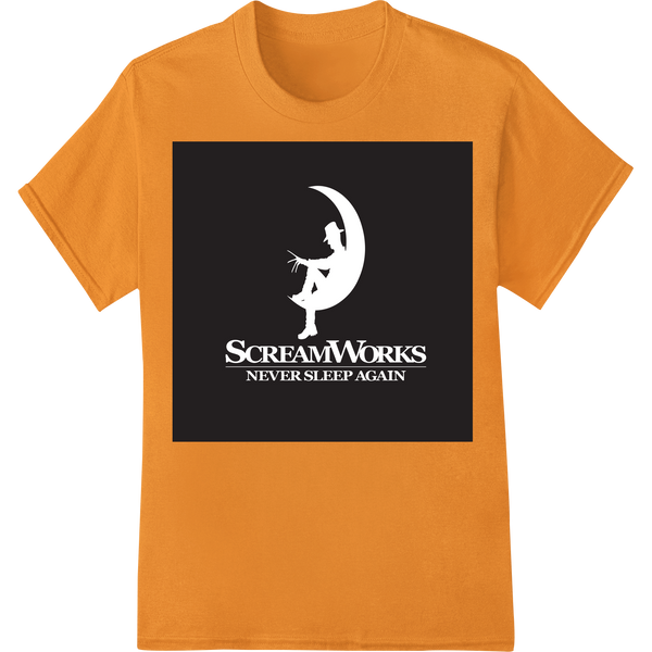 Haunting ScreamWorks 'Never Sleep Again' DTF Print on orange shirt - SUPERDTF-DTF Prints-DTF Transfers-Custom DTF Prints