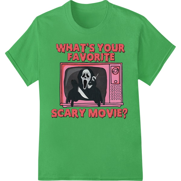 Scream-inspired 'What's Your Favorite Scary Movie?' text design with a ghostly figure in the background for a DTF heat...