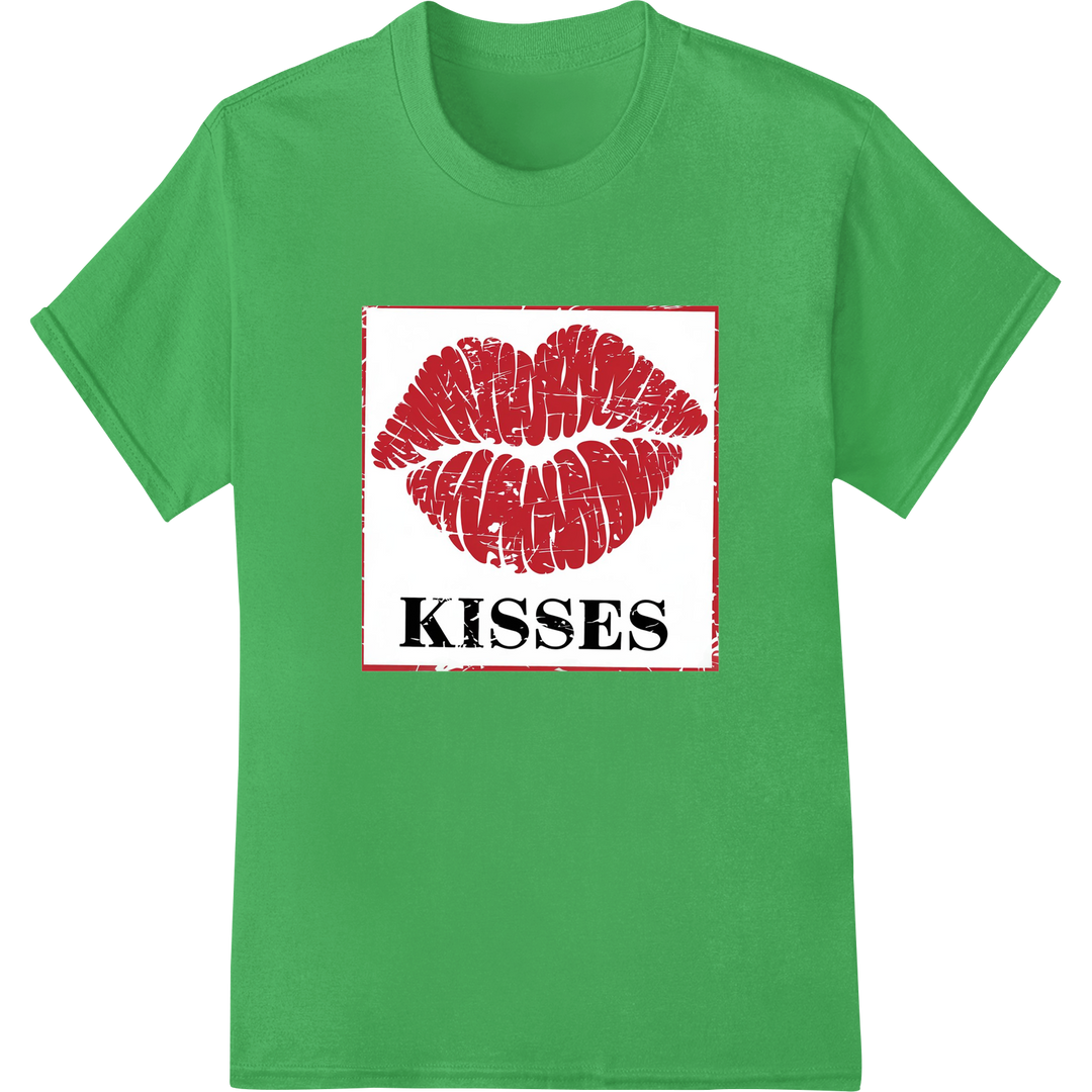 Pucker Up: Bold Red Lips 'KISSES' Valentine's Day DTF Print on green shirt - SUPERDTF-DTF Prints-DTF Transfers-Custom DTF Prints