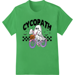 Cutting-edge DTF printing technology featured on Spooky 'Cycopath' Ghost on Bicycle Funny Halloween Print