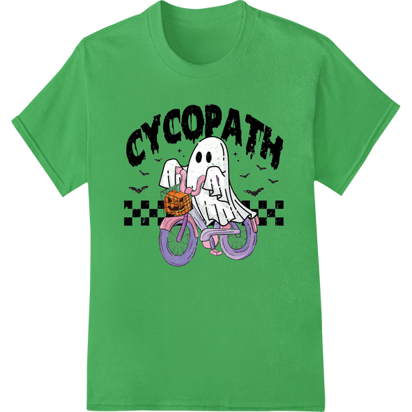 Black and white Halloween illustration of a spooky ghost riding a bicycle with the words 'Cycopath' printed on the bicycle