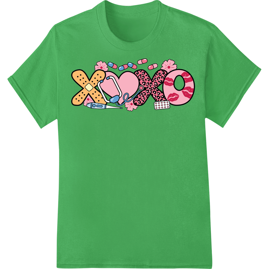 Adorable XOXO Nurse Valentine's Day DTF Print Heat Transfer on green shirt - SUPERDTF-DTF Prints-DTF Transfers-Custom DTF Prints