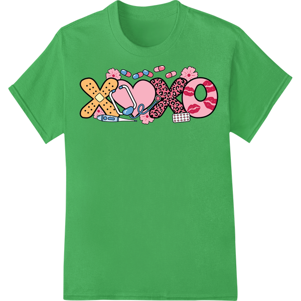 Adorable XOXO Nurse Valentine's Day DTF Print Heat Transfer on green shirt - SUPERDTF-DTF Prints-DTF Transfers-Custom DTF Prints