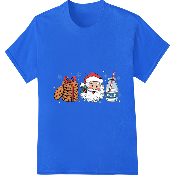 Retro Christmas Charm: Santa, Gifts, and Milk DTF Print on blue shirt - SUPERDTF-DTF Prints-DTF Transfers-Custom DTF Prints