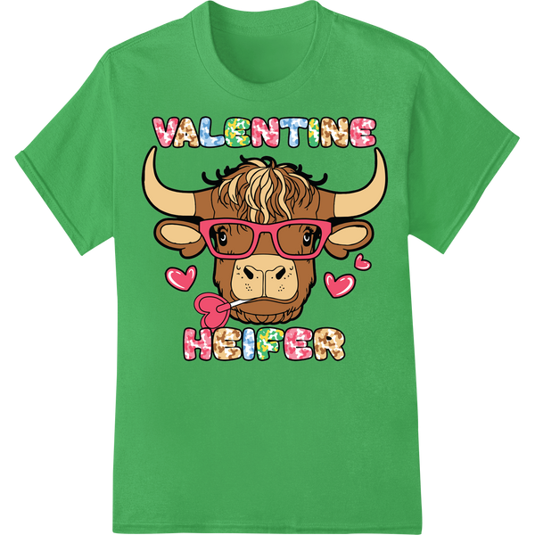 Adorable Valentine Heifer DTF Print Heat Transfer on green shirt - SUPERDTF-DTF Prints-DTF Transfers-Custom DTF Prints