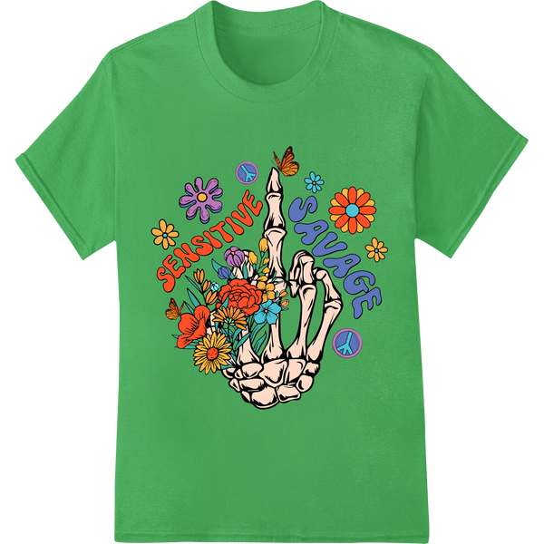 Groovy Skeleton Hand Peace Sign | Psychedelic 60s DTF Print on green shirt - SUPERDTF-DTF Prints-DTF Transfers-Custom DTF Prints