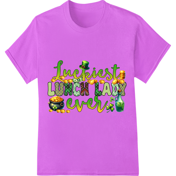 Luckiest Lunch Lady Ever: Festive St. Patrick's Day DTF Print on purple shirt - SUPERDTF-DTF Prints-DTF Transfers-Custom DTF Prints