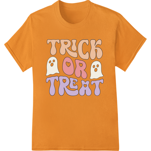 Spooky Sweet Ghost character designs in orange and purple holding 'Trick or Treat' candy buckets, perfect for Halloween DTF...