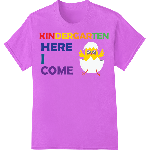 Adorable 'Kindergarten Here I Come' Back-to-School DTF Print on purple shirt - SUPERDTF-DTF Prints-DTF Transfers-Custom DTF Prints