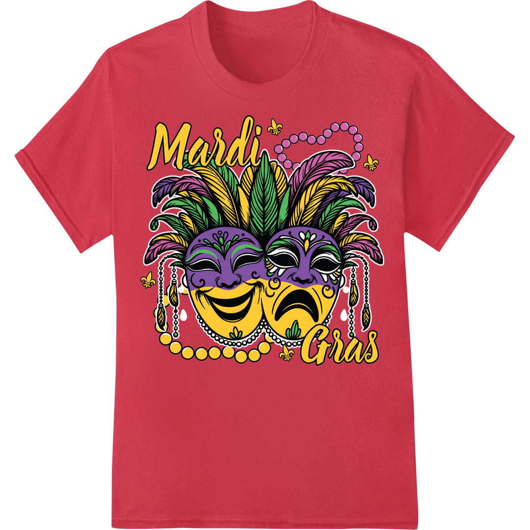 Vibrant Mardi Gras Masks DTF Print Heat Transfer | Carnival on red shirt - SUPERDTF-DTF Prints-DTF Transfers-Custom DTF Prints