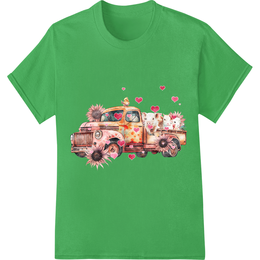 Rustic Romance: Valentine's Day Farm Truck DTF Print on green shirt - SUPERDTF-DTF Prints-DTF Transfers-Custom DTF Prints