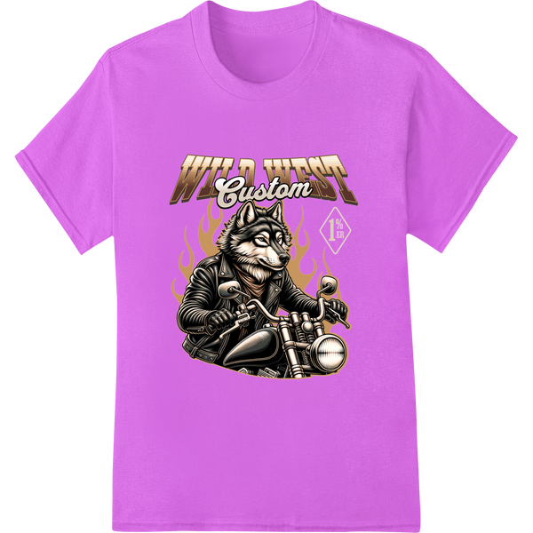 Durable bulk t-shirt printing applied to Fierce Wild West Wolf Motorcycle - Unleash Your Rebel