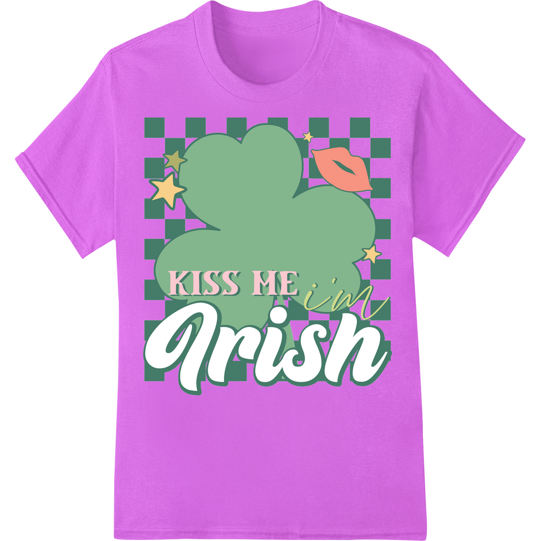 Festive 'Kiss Me I'm Irish' DTF Print for St. Patrick's Day on purple shirt - SUPERDTF-DTF Prints-DTF Transfers-Custom DTF Prints