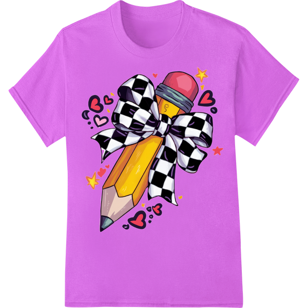 Playful Pencil Bow DTF Print: Back-to-School Style! on purple shirt - SUPERDTF-DTF Prints-DTF Transfers-Custom DTF Prints