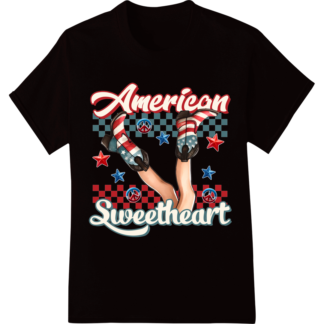 Vintage American Sweetheart Patriotic Pinup DTF Print on black shirt - SUPERDTF-DTF Prints-DTF Transfers-Custom DTF Prints