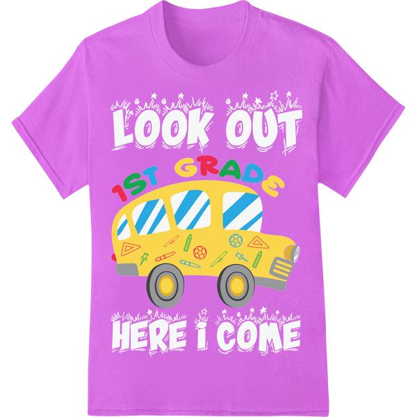 Vibrant 1st Grade School Bus DTF Print Heat Transfer on purple shirt - SUPERDTF-DTF Prints-DTF Transfers-Custom DTF Prints