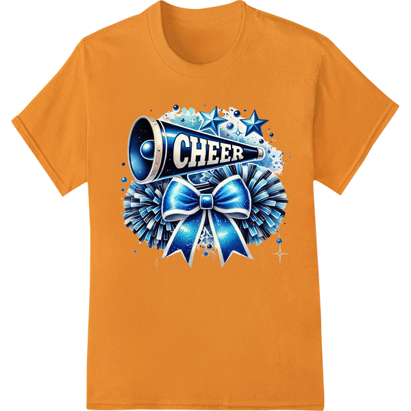 Shimmering Blue 'CHEER' DTF Print Heat Transfer on orange shirt - SUPERDTF-DTF Prints-DTF Transfers-Custom DTF Prints