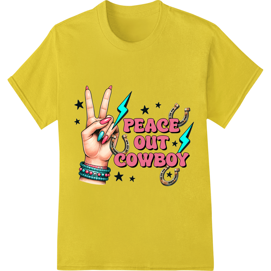 Fierce Western Vibes: "Peace Out Cowboy" DTF Transfer Print on yellow shirt - SUPERDTF-DTF Prints-DTF Transfers-Custom DTF Prints