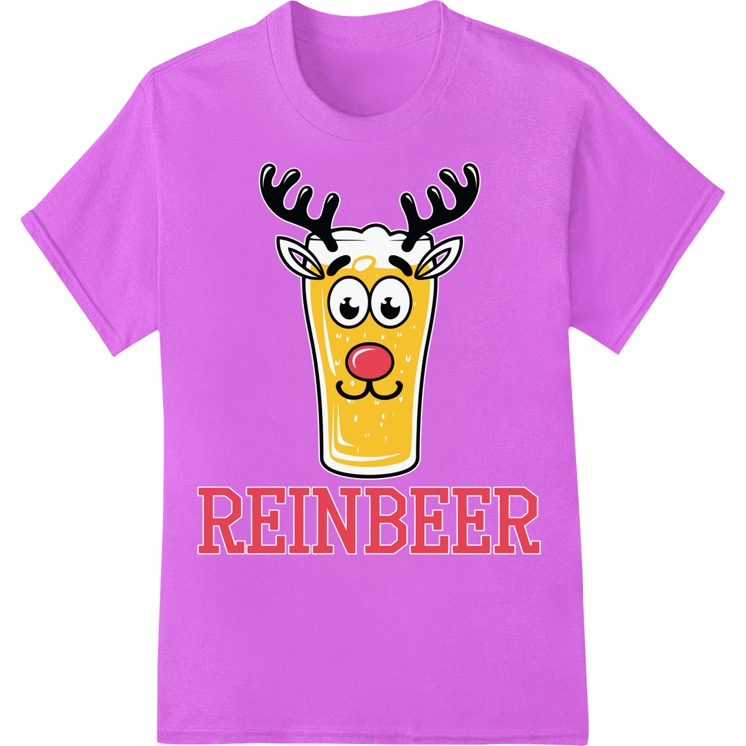 Festive 'Reinbeer' Reindeer Beer Mug Funny Christmas DTF Print on purple shirt - SUPERDTF-DTF Prints-DTF Transfers-Custom DTF Prints