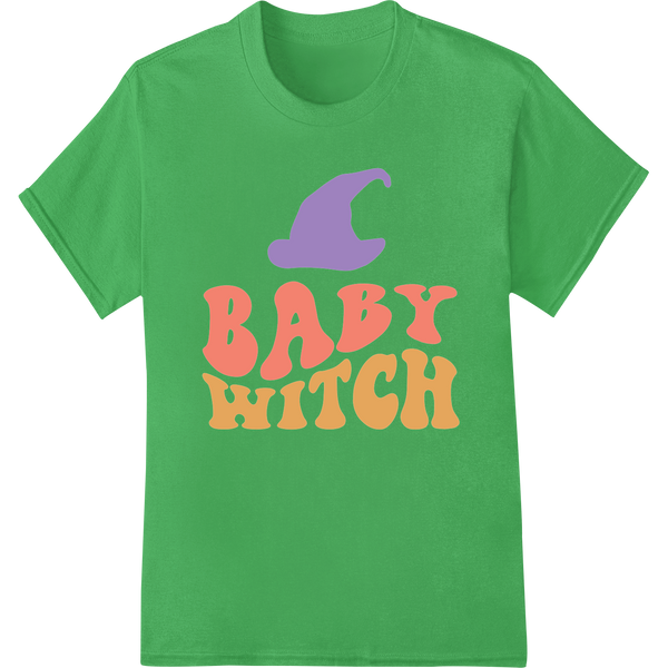 Adorable 'Baby Witch' Halloween DTF Print Heat Transfer on green shirt - SUPERDTF-DTF Prints-DTF Transfers-Custom DTF Prints