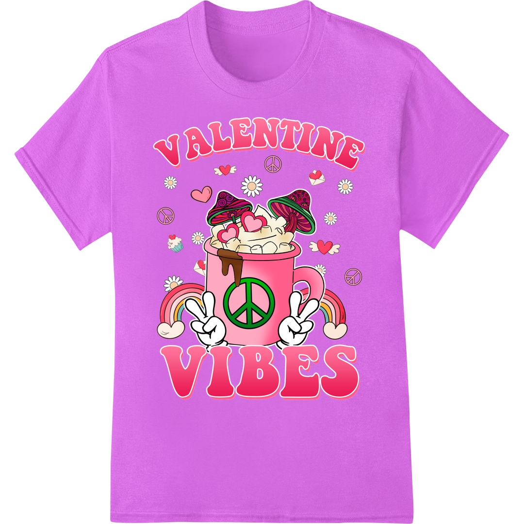 Hippie Valentine Vibes: Retro Peace, Love & Hearts DTF Print on purple shirt - SUPERDTF-DTF Prints-DTF Transfers-Custom DTF Prints