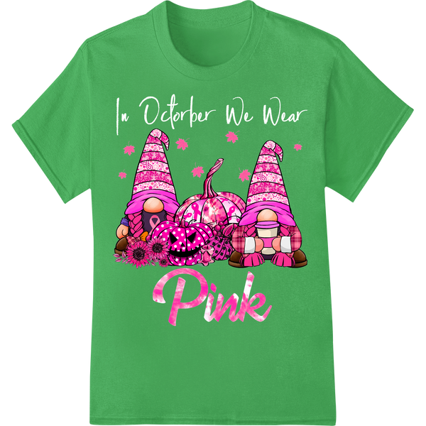 Whimsical Pink Gnome on Pumpkin - Autumn DTF Print Design on green shirt - SUPERDTF-DTF Prints-DTF Transfers-Custom DTF Prints