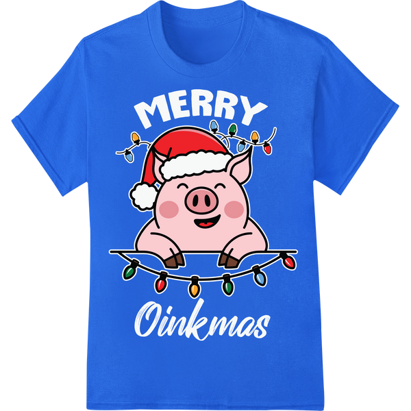 Adorable Christmas Pig with Lights - Festive DTF Print on blue shirt - SUPERDTF-DTF Prints-DTF Transfers-Custom DTF Prints