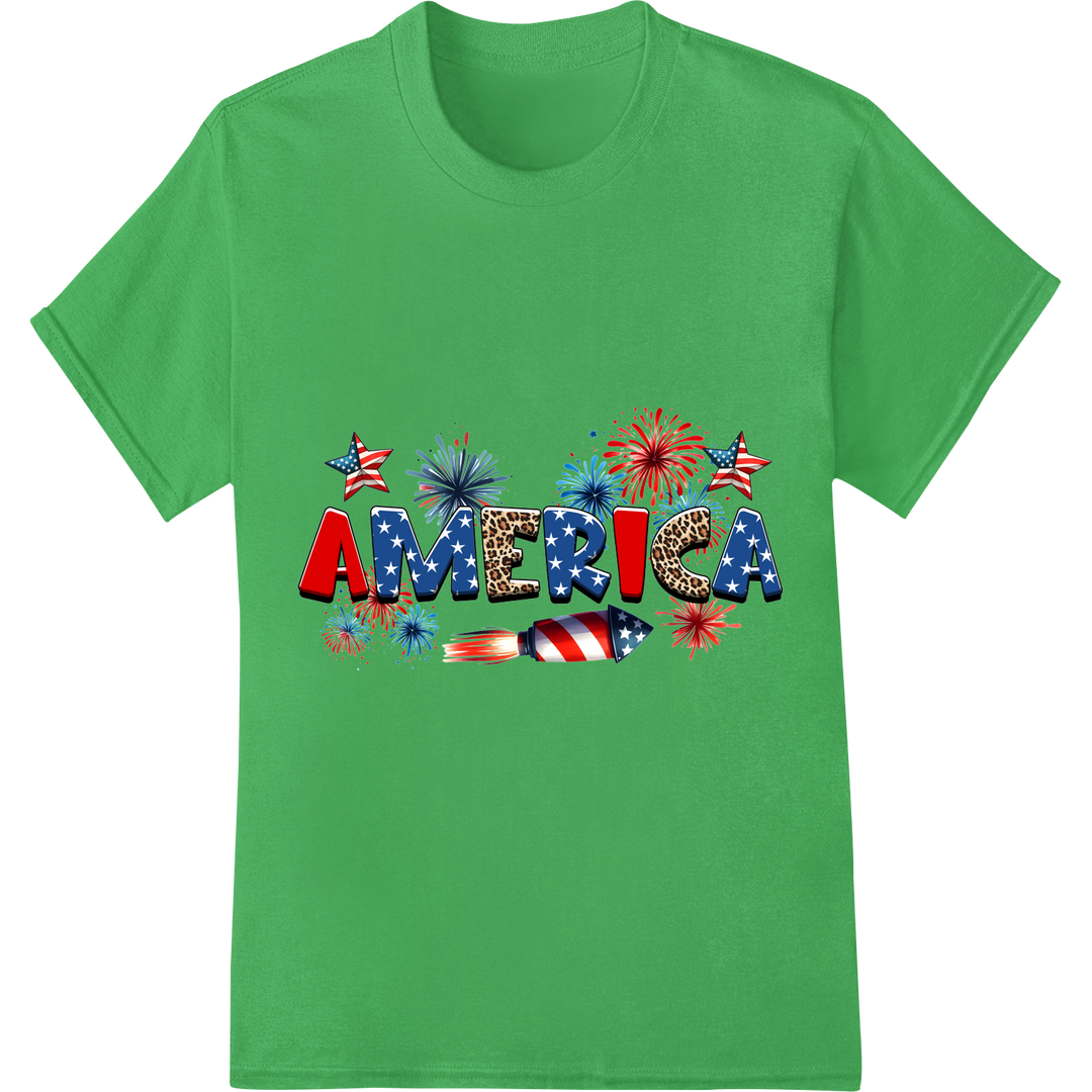 Patriotic AMERICA Fireworks 4th of July DTF Print Transfer on green shirt - SUPERDTF-DTF Prints-DTF Transfers-Custom DTF Prints