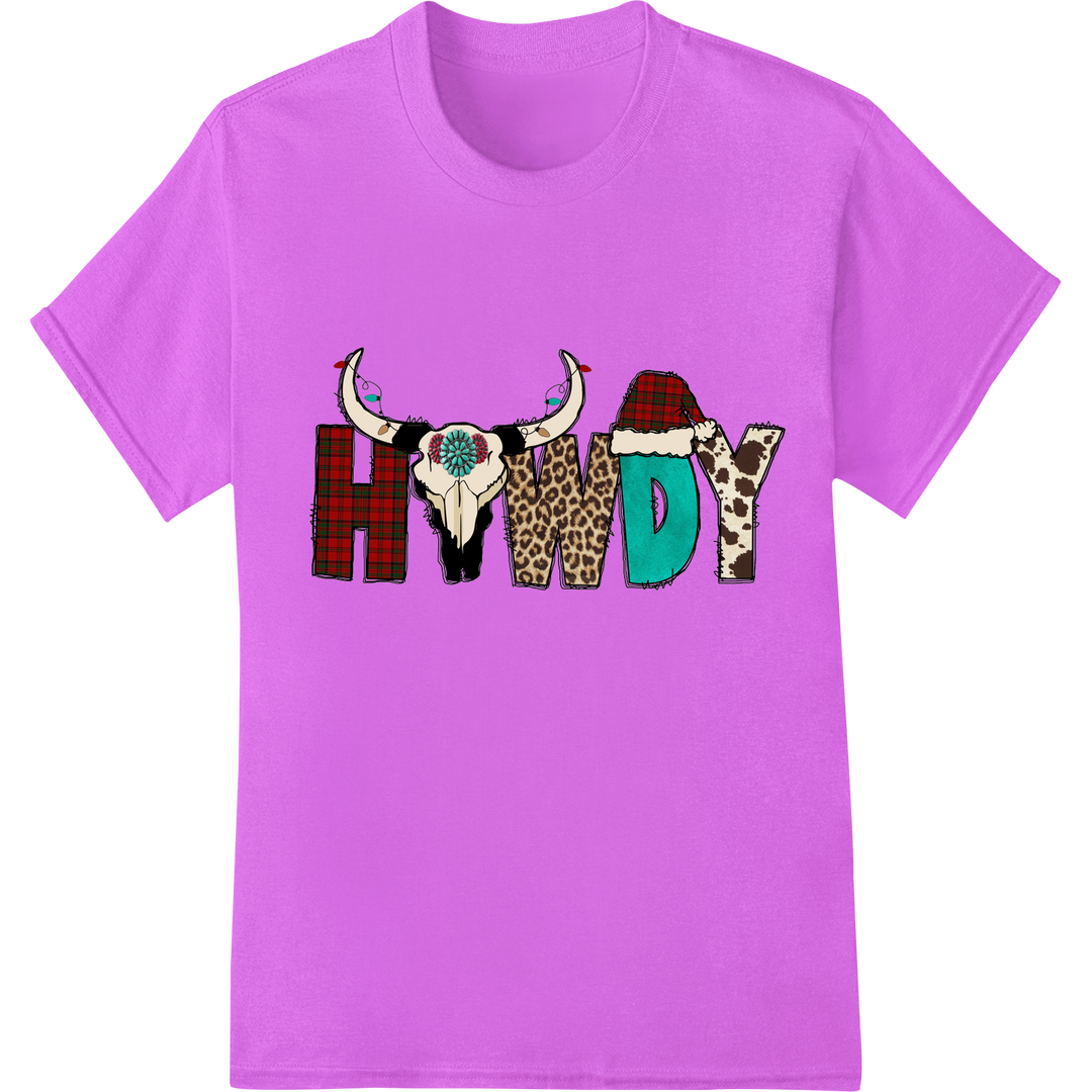 Festive Western 'Howdy Christmas' DTF Print Heat Transfer on purple shirt - SUPERDTF-DTF Prints-DTF Transfers-Custom DTF Prints