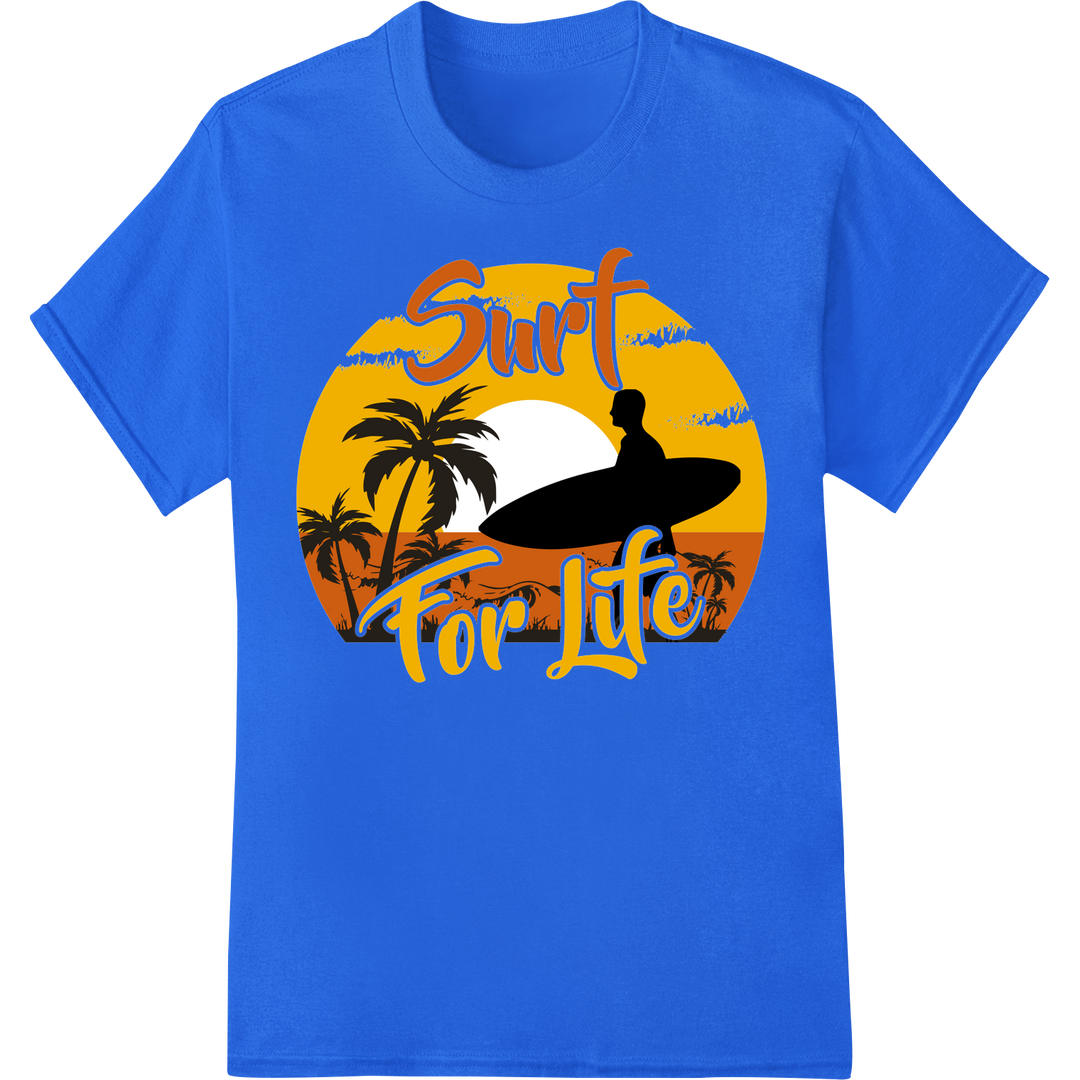 Retro 'Surf For Life' DTF Print Heat Transfer | Vintage Surf on blue shirt - SUPERDTF-DTF Prints-DTF Transfers-Custom DTF Prints