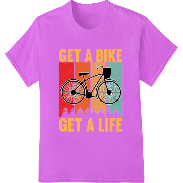 Retro Bicycle DTF Print: Get a Bike, Get a Life on purple shirt - SUPERDTF-DTF Prints-DTF Transfers-Custom DTF Prints