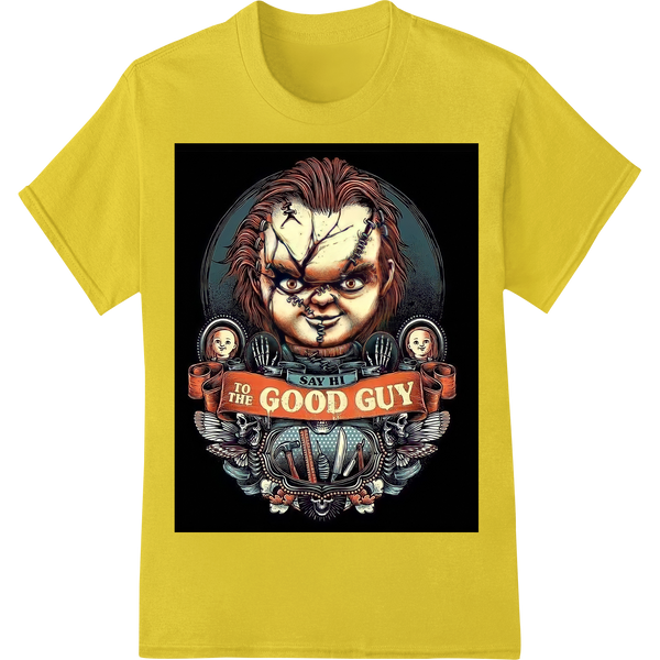 Chucky's Back: Terrifying Good Guy Doll DTF Transfer on yellow shirt - SUPERDTF-DTF Prints-DTF Transfers-Custom DTF Prints