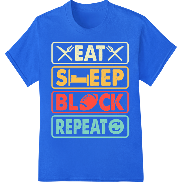 Bold Soccer Defender 'Eat Sleep Block Repeat' DTF Print on blue shirt - SUPERDTF-DTF Prints-DTF Transfers-Custom DTF Prints