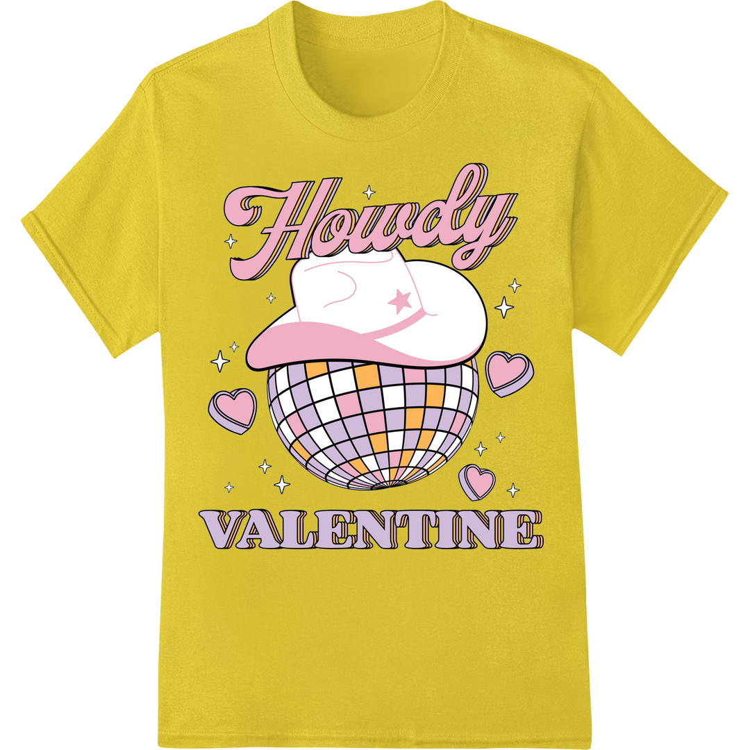 Retro Disco Ball Heart: Groovy Valentine's Day Vibes on yellow shirt - SUPERDTF-DTF Prints-DTF Transfers-Custom DTF Prints