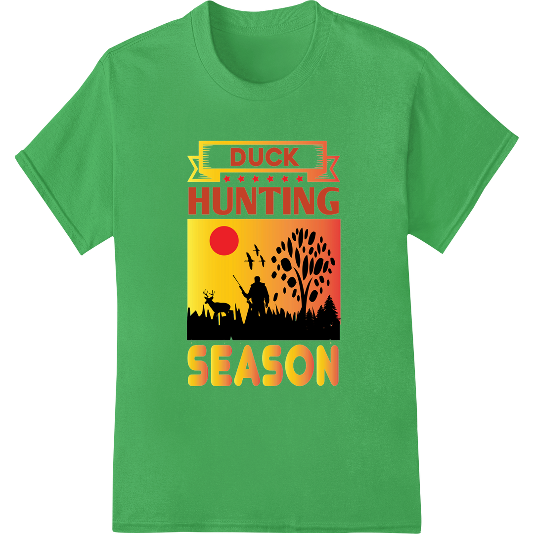 Vibrant Duck Hunting Season DTF Print Heat Transfer on green shirt - SUPERDTF-DTF Prints-DTF Transfers-Custom DTF Prints