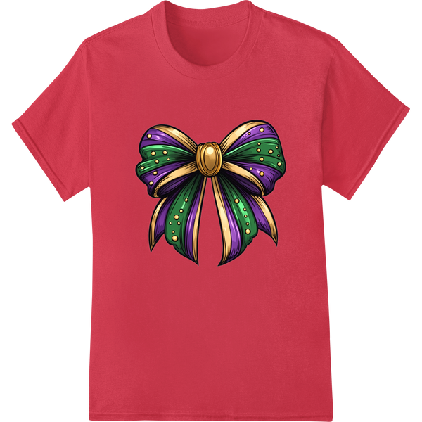 Vibrant Mardi Gras Bow - Festive DTF Heat Transfer Print on red shirt - SUPERDTF-DTF Prints-DTF Transfers-Custom DTF Prints