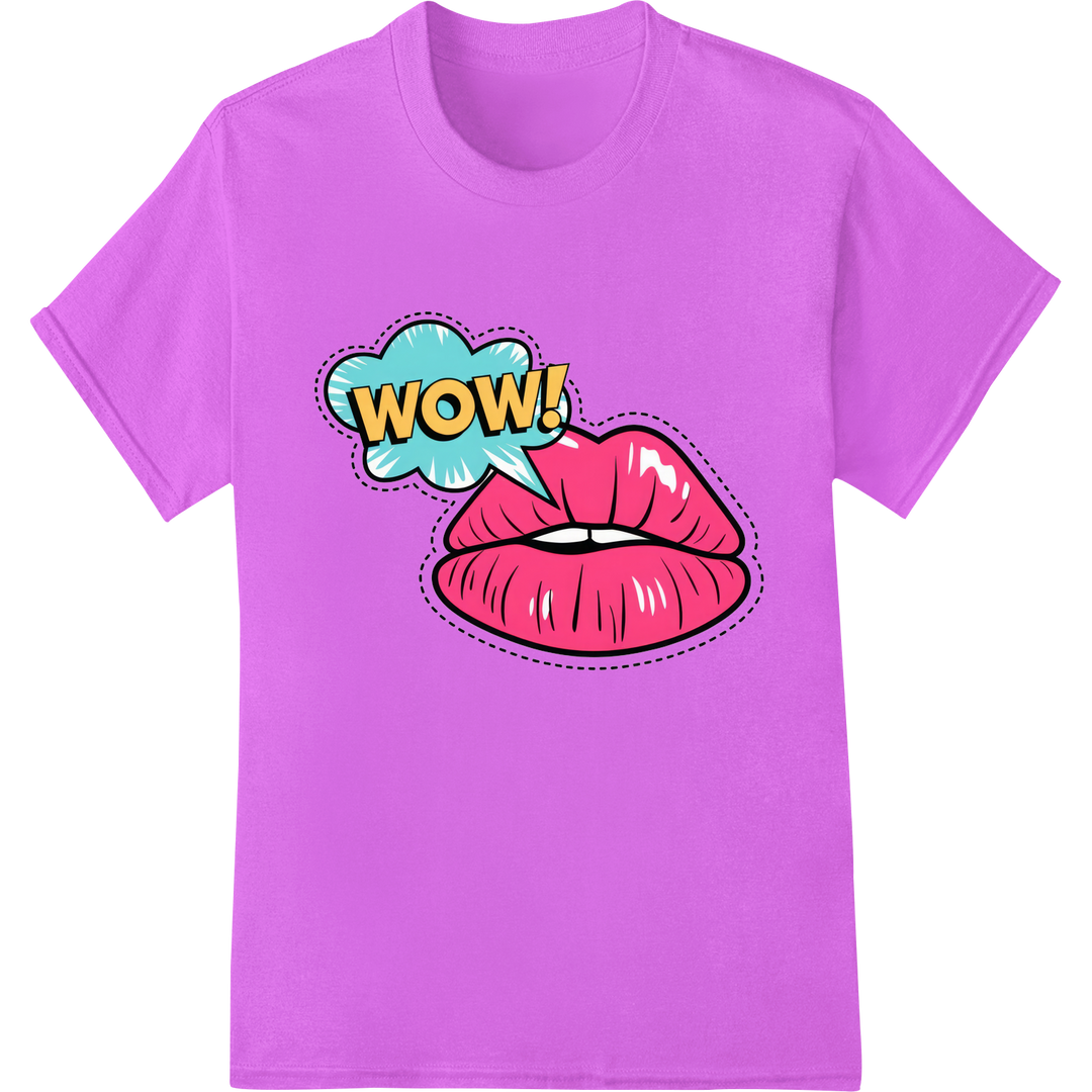 Vibrant 'WOW!' Pop-Art Lips DTF Print Heat Transfer on purple shirt - SUPERDTF-DTF Prints-DTF Transfers-Custom DTF Prints