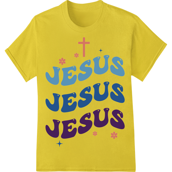 Bold 'JESUS JESUS JESUS' Typography Easter Heat Transfer on yellow shirt - SUPERDTF-DTF Prints-DTF Transfers-Custom DTF Prints