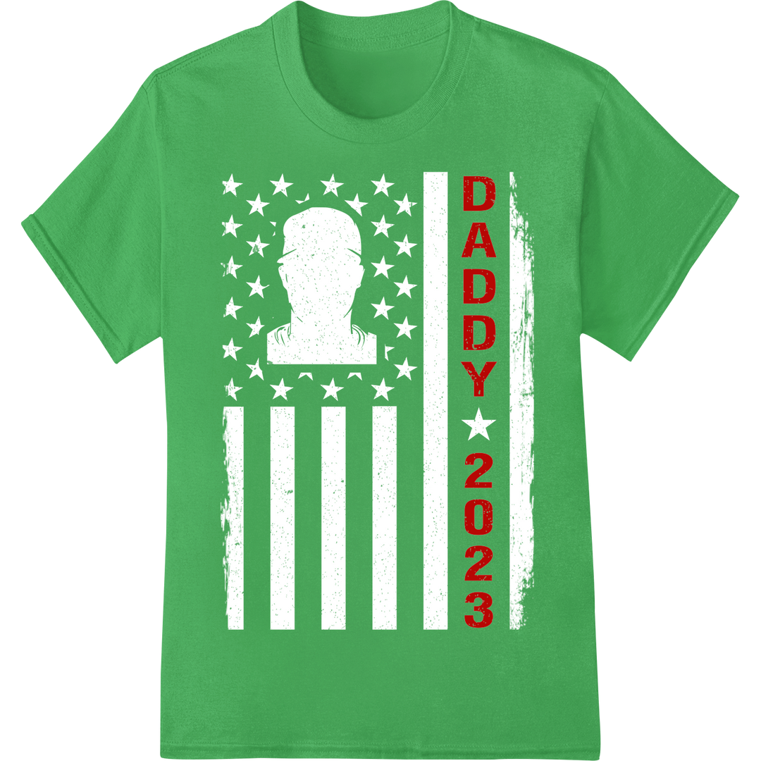 Bold Retro 'DADDY 2023' Father's Day DTF Print Heat Transfer on green shirt - SUPERDTF-DTF Prints-DTF Transfers-Custom DTF Prints