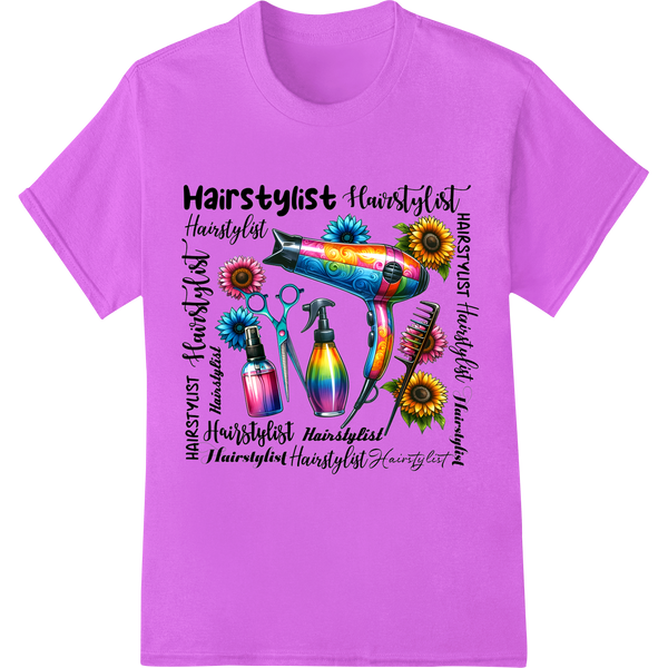 Vibrant Hairstylist Essentials DTF Print Heat Transfer on purple shirt - SUPERDTF-DTF Prints-DTF Transfers-Custom DTF Prints