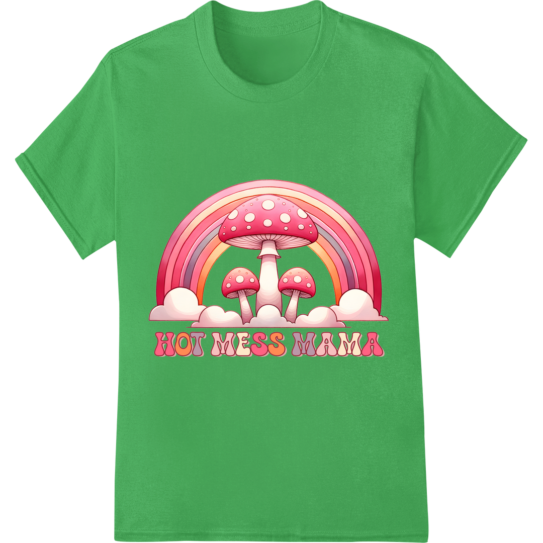 Retro 'Hot Mess Mama' Mushroom DTF Print Heat Transfer on green shirt - SUPERDTF-DTF Prints-DTF Transfers-Custom DTF Prints