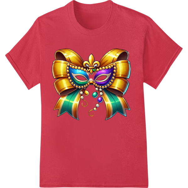 Vibrant Mardi Gras Mask DTF Print Heat Transfer | Festive on red shirt - SUPERDTF-DTF Prints-DTF Transfers-Custom DTF Prints